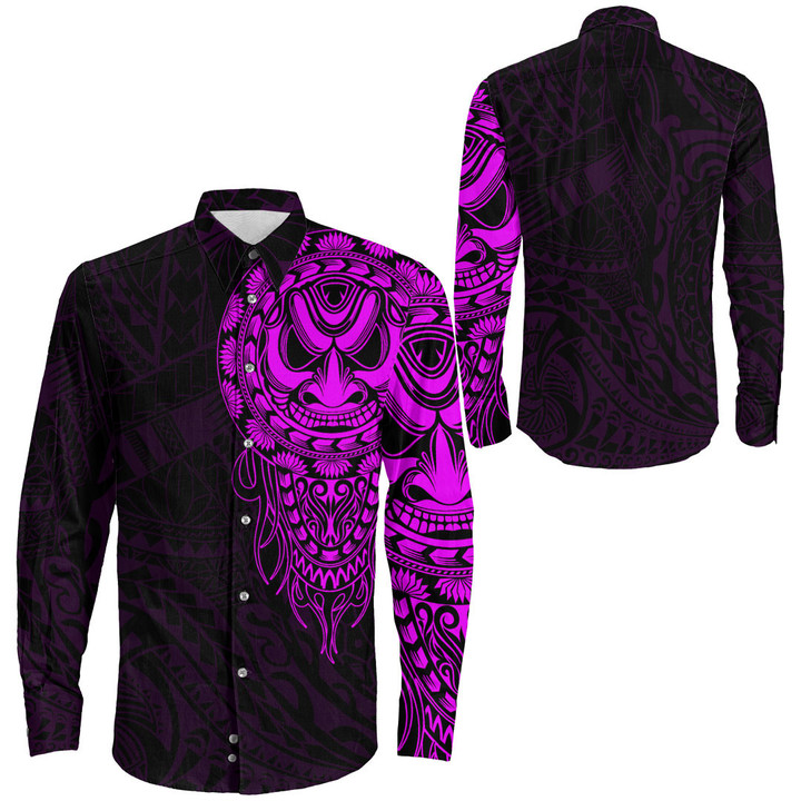 RugbyLife Clothing - Polynesian Tattoo Style Mask Native - Pink Version Long Sleeve Button Shirt A7 | RugbyLife