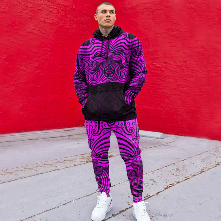 RugbyLife Clothing - Polynesian Tattoo Style Maori Traditional Mask - Pink Version Hoodie and Joggers Pant A7 | RugbyLife