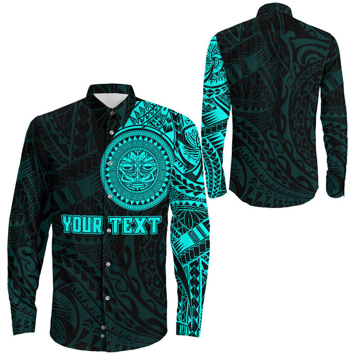 RugbyLife Clothing - (Custom) Polynesian Sun Mask Tattoo Style - Cyan Version Long Sleeve Button Shirt A7 | RugbyLife