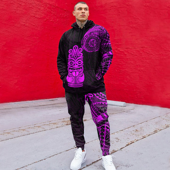 RugbyLife Clothing - Polynesian Tattoo Style Tiki - Pink Version Hoodie and Joggers Pant A7 | RugbyLife