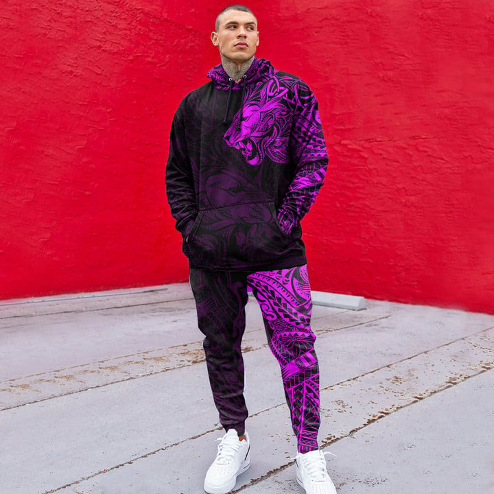 RugbyLife Clothing - Polynesian Tattoo Style Tribal Lion - Pink Version Hoodie and Joggers Pant A7 | RugbyLife