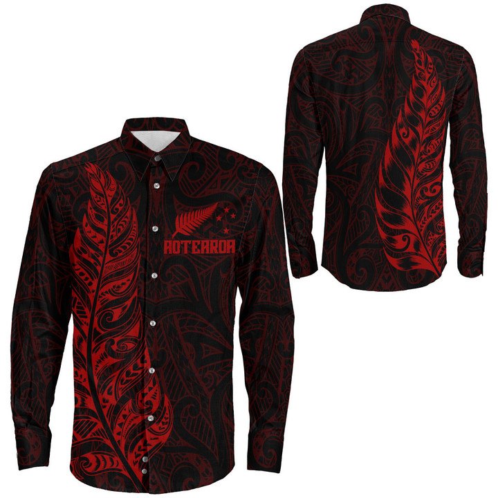 RugbyLife Clothing - New Zealand Aotearoa Maori Silver Fern - Red Version Long Sleeve Button Shirt A7 | RugbyLife