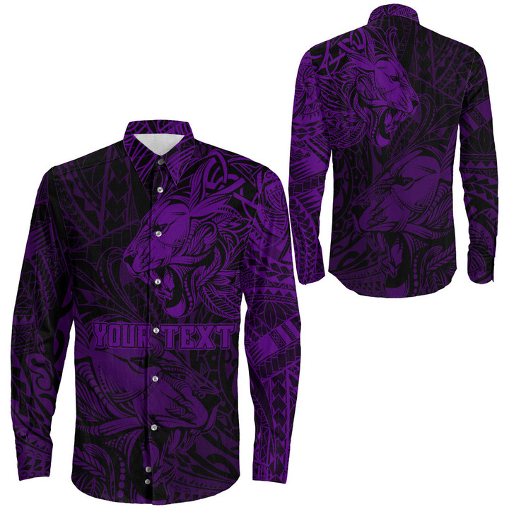 RugbyLife Clothing - Polynesian Tattoo Style Tribal Lion - Purple Version Long Sleeve Button Shirt A7 | RugbyLife