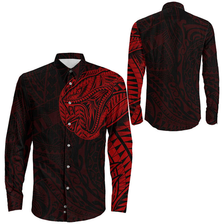 RugbyLife Clothing - Polynesian Tattoo Style Snake - Red Version Long Sleeve Button Shirt A7 | RugbyLife