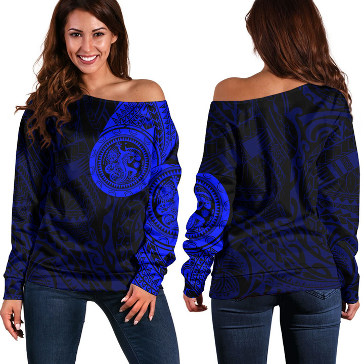 RugbyLife Clothing - Lizard Gecko Maori Polynesian Style Tattoo - Blue Version Off Shoulder Sweater A7 | RugbyLife