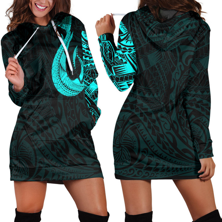 RugbyLife Clothing - Polynesian Tattoo Style Hook - Cyan Version Hoodie Dress A7 | RugbyLife