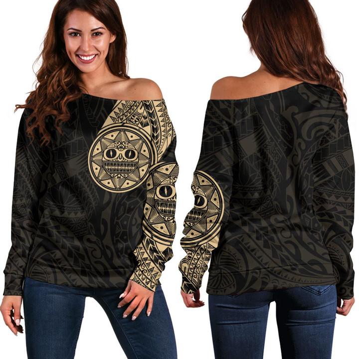 RugbyLife Clothing - Polynesian Tattoo Style Sun - Gold Version Off Shoulder Sweater A7 | RugbyLife