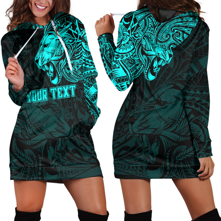 RugbyLife Clothing - Polynesian Tattoo Style Tribal Lion - Cyan Version Hoodie Dress A7 | RugbyLife