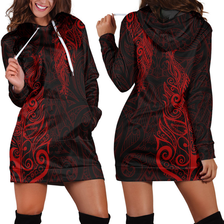 RugbyLife Clothing - Polynesian Tattoo Style Maori Silver Fern - Red Version Hoodie Dress A7 | RugbyLife