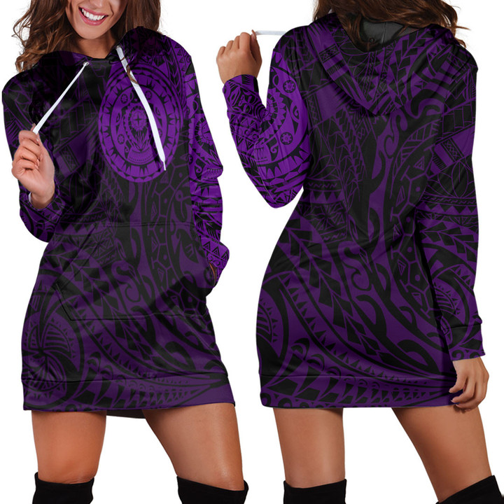 RugbyLife Clothing - Polynesian Tattoo Style Turtle - Purple Version Hoodie Dress A7 | RugbyLife