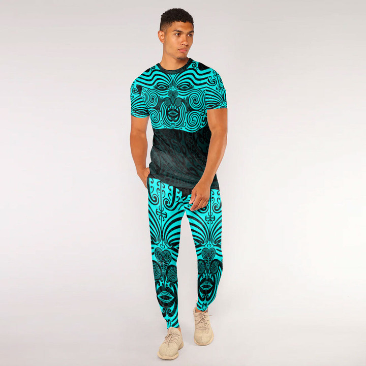 RugbyLife Clothing - Polynesian Tattoo Style Maori Traditional Mask - Cyan Version T-Shirt and Jogger Pants A7 | RugbyLife