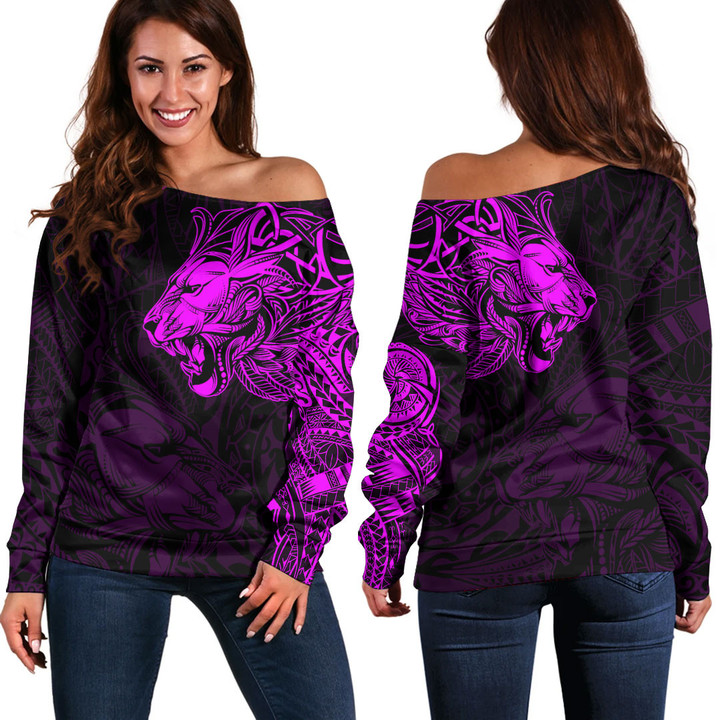 RugbyLife Clothing - Polynesian Tattoo Style Tribal Lion - Pink Version Off Shoulder Sweater A7 | RugbyLife