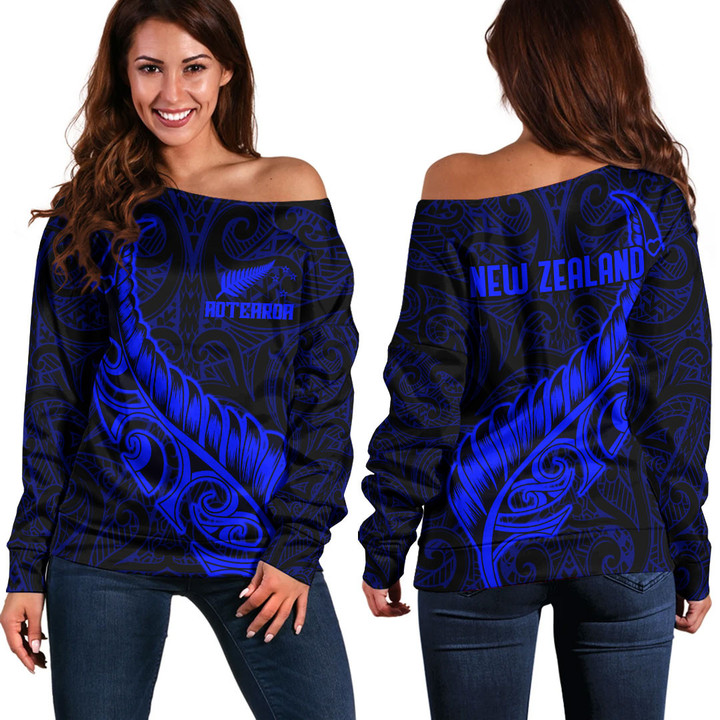 RugbyLife Clothing - New Zealand Aotearoa Maori Fern - Blue Version Off Shoulder Sweater A7 | RugbyLife