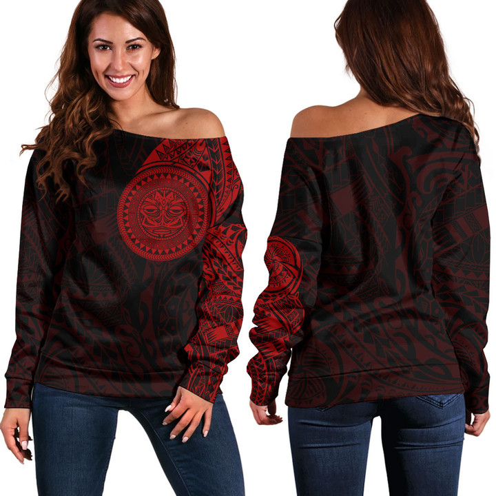 RugbyLife Clothing - Polynesian Sun Mask Tattoo Style - Red Version Off Shoulder Sweater A7 | RugbyLife