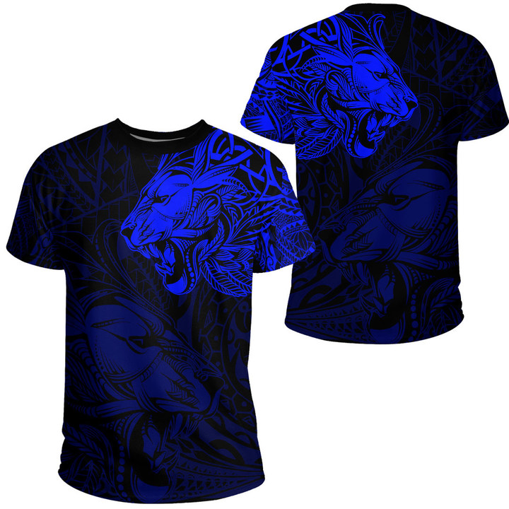 RugbyLife Clothing - Polynesian Tattoo Style Tribal Lion - Blue Version T-Shirt A7 | RugbyLife