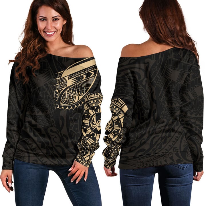 RugbyLife Clothing - Polynesian Tattoo Style Tatau - Gold Version Off Shoulder Sweater A7 | RugbyLife