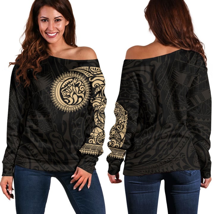 RugbyLife Clothing - Polynesian Tattoo Style Tattoo - Gold Version Off Shoulder Sweater A7 | RugbyLife