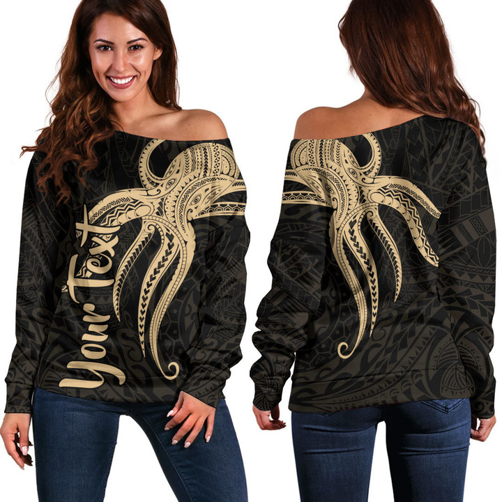 RugbyLife Clothing - Polynesian Tattoo Style Octopus Tattoo - Gold Version Off Shoulder Sweater A7 | RugbyLife