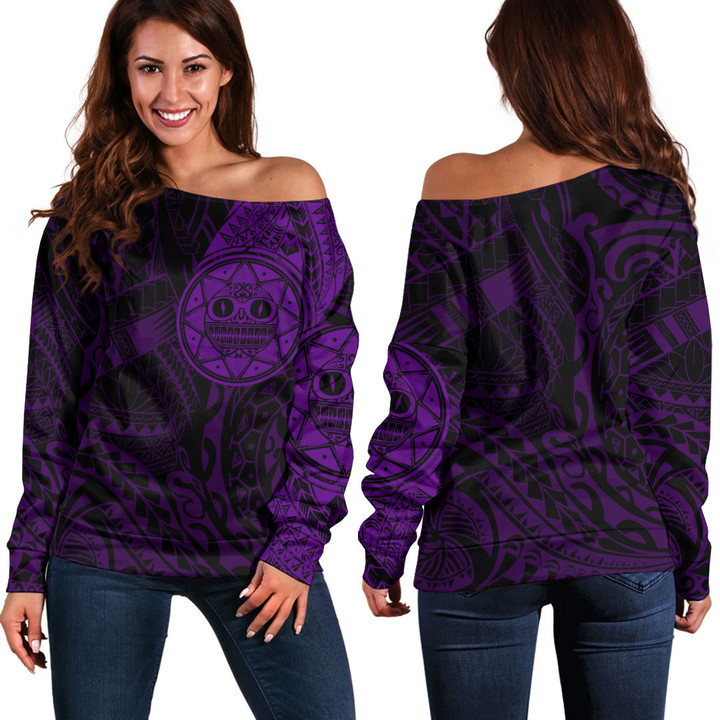 RugbyLife Clothing - Polynesian Tattoo Style Sun - Purple Version Off Shoulder Sweater A7 | RugbyLife