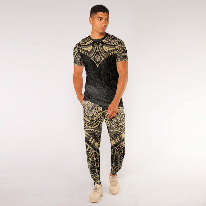 RugbyLife Clothing - Polynesian Tattoo Style Flower - Gold Version T-Shirt and Jogger Pants A7 | RugbyLife