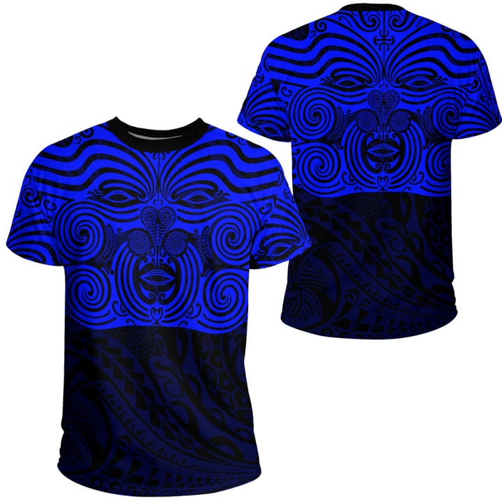 RugbyLife Clothing - Polynesian Tattoo Style Maori Traditional Mask - Blue Version T-Shirt A7 | RugbyLife