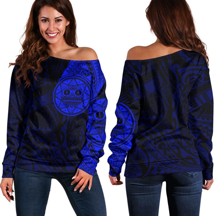 RugbyLife Clothing - Polynesian Tattoo Style Sun - Blue Version Off Shoulder Sweater A7 | RugbyLife