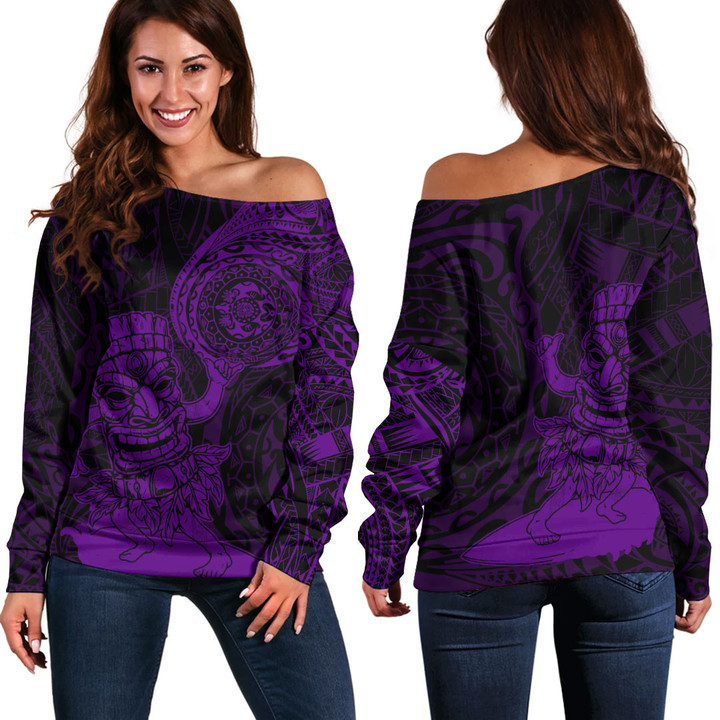 RugbyLife Clothing - Polynesian Tattoo Style Tiki Surfing - Purple Version Off Shoulder Sweater A7 | RugbyLife