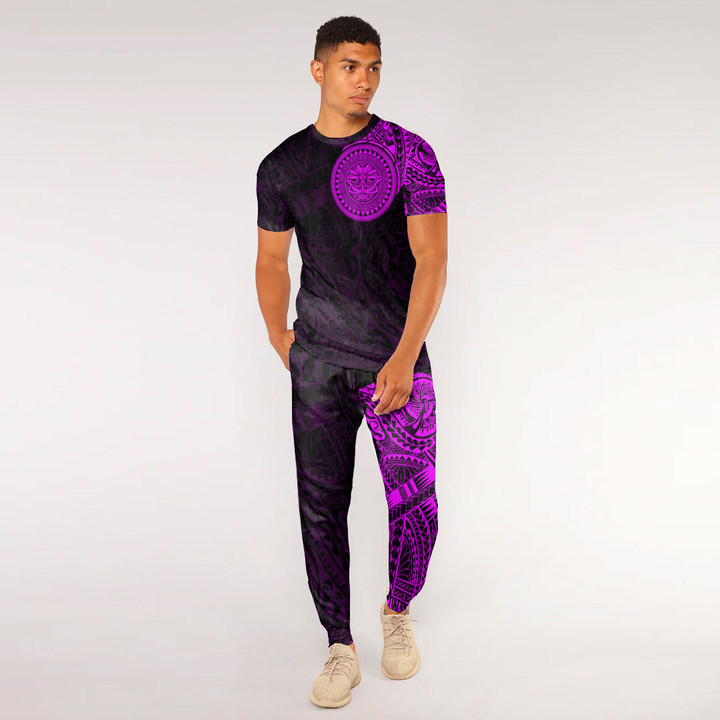 RugbyLife Clothing - Polynesian Sun Mask Tattoo Style - Pink Version T-Shirt and Jogger Pants A7 | RugbyLife
