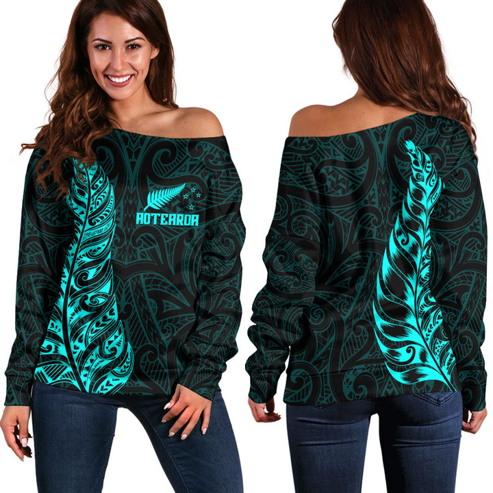 RugbyLife Clothing - New Zealand Aotearoa Maori Silver Fern - Cyan Version Off Shoulder Sweater A7 | RugbyLife
