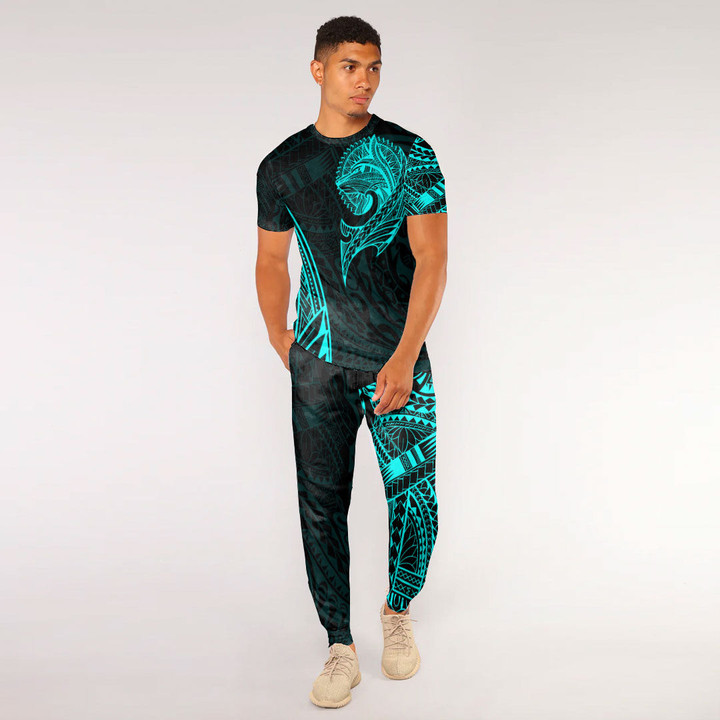 RugbyLife Clothing - Polynesian Tattoo Style Wolf - Cyan Version T-Shirt and Jogger Pants A7 | RugbyLife