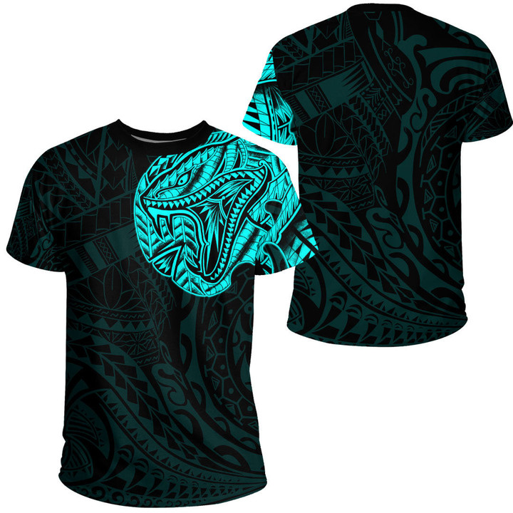RugbyLife Clothing - Polynesian Tattoo Style Snake - Cyan Version T-Shirt A7 | RugbyLife