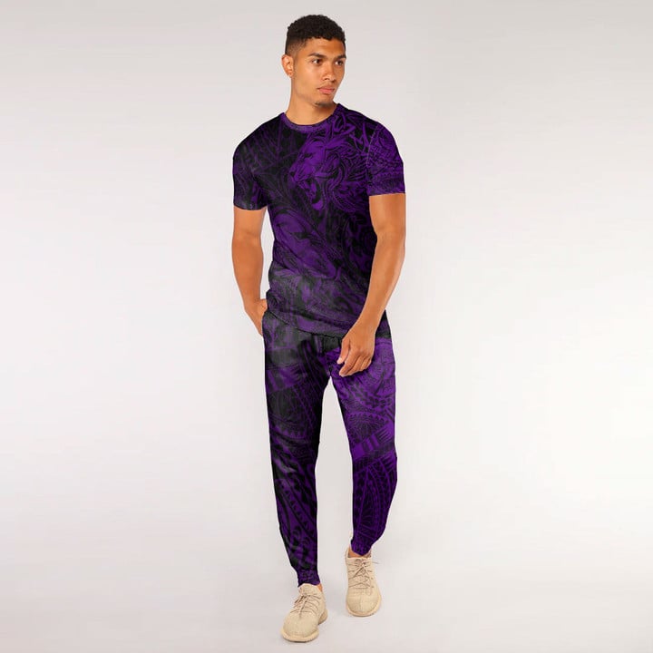 RugbyLife Clothing - Polynesian Tattoo Style Tribal Lion - Purple Version T-Shirt and Jogger Pants A7 | RugbyLife