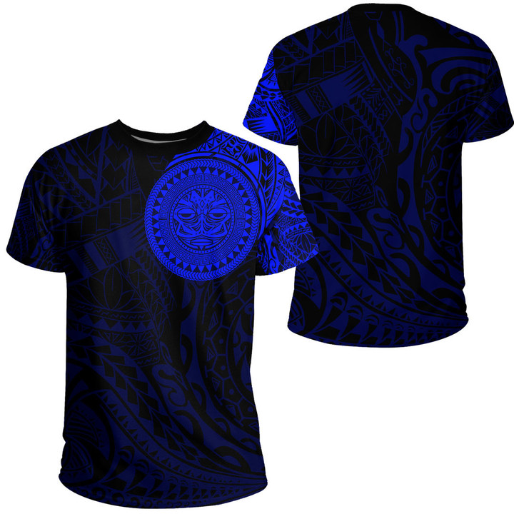 RugbyLife Clothing - Polynesian Sun Mask Tattoo Style - Blue Version T-Shirt A7 | RugbyLife