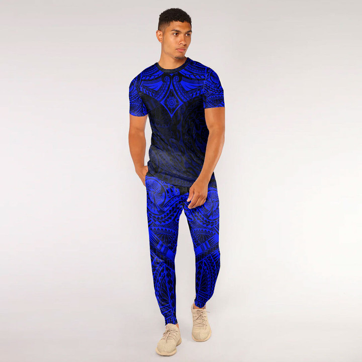 RugbyLife Clothing - Polynesian Tattoo Style Flower - Blue Version T-Shirt and Jogger Pants A7 | RugbyLife