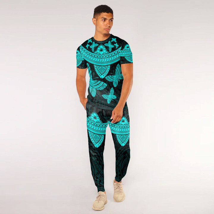 RugbyLife Clothing - Polynesian Tattoo Style Butterfly - Cyan Version T-Shirt and Jogger Pants A7 | RugbyLife
