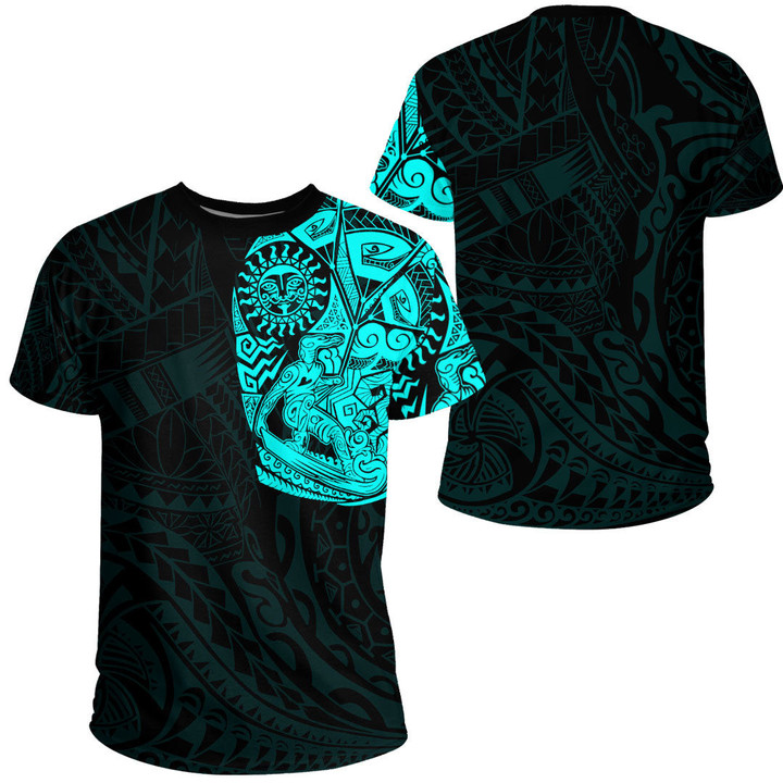 RugbyLife Clothing - Kite Surfer Maori Tattoo With Sun And Waves - Cyan Version T-Shirt A7 | RugbyLife