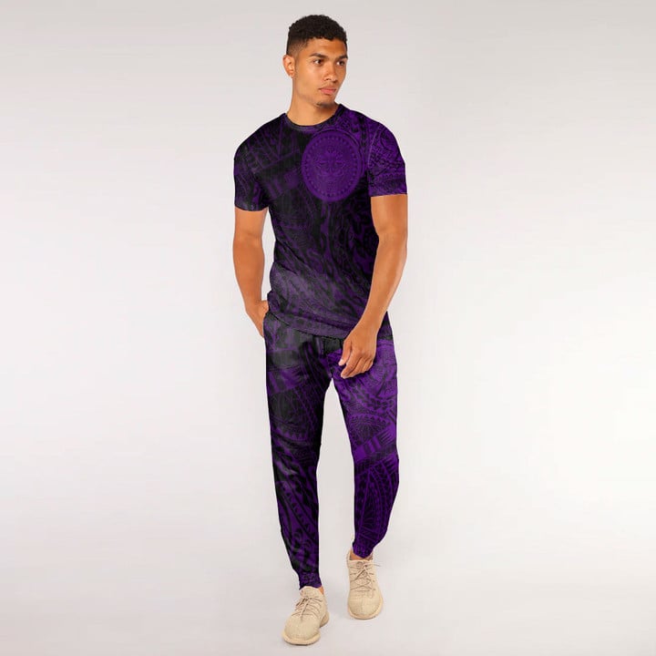 RugbyLife Clothing - Polynesian Sun Mask Tattoo Style - Purple Version T-Shirt and Jogger Pants A7 | RugbyLife
