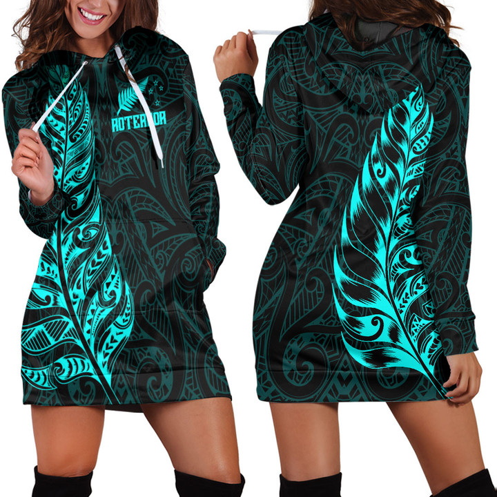RugbyLife Clothing - New Zealand Aotearoa Maori Silver Fern - Cyan Version Hoodie Dress A7 | RugbyLife