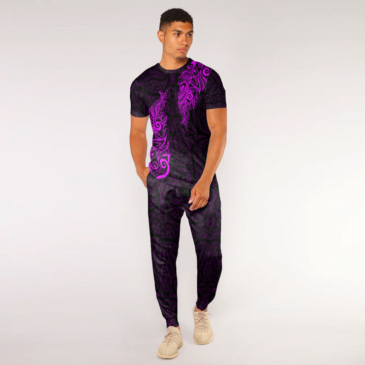 RugbyLife Clothing - Polynesian Tattoo Style Maori Silver Fern - Pink Version T-Shirt and Jogger Pants A7 | RugbyLife