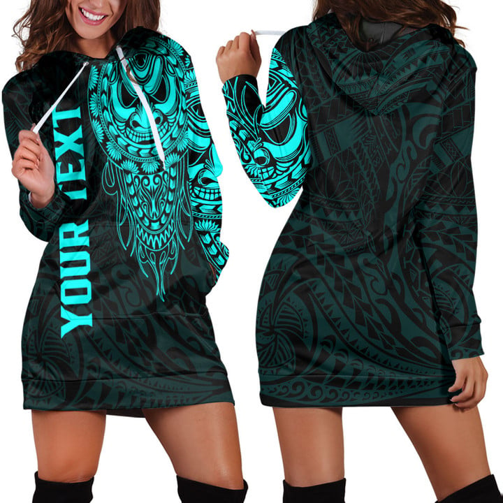 RugbyLife Clothing - (Custom) Polynesian Tattoo Style Mask Native - Cyan Version Hoodie Dress A7 | RugbyLife