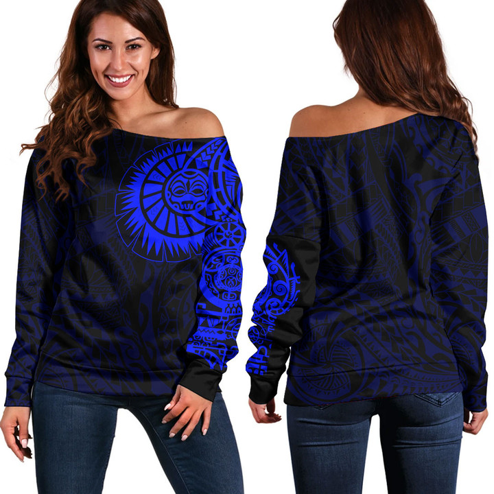 RugbyLife Clothing - Polynesian Tattoo Style - Blue Version Off Shoulder Sweater A7 | RugbyLife