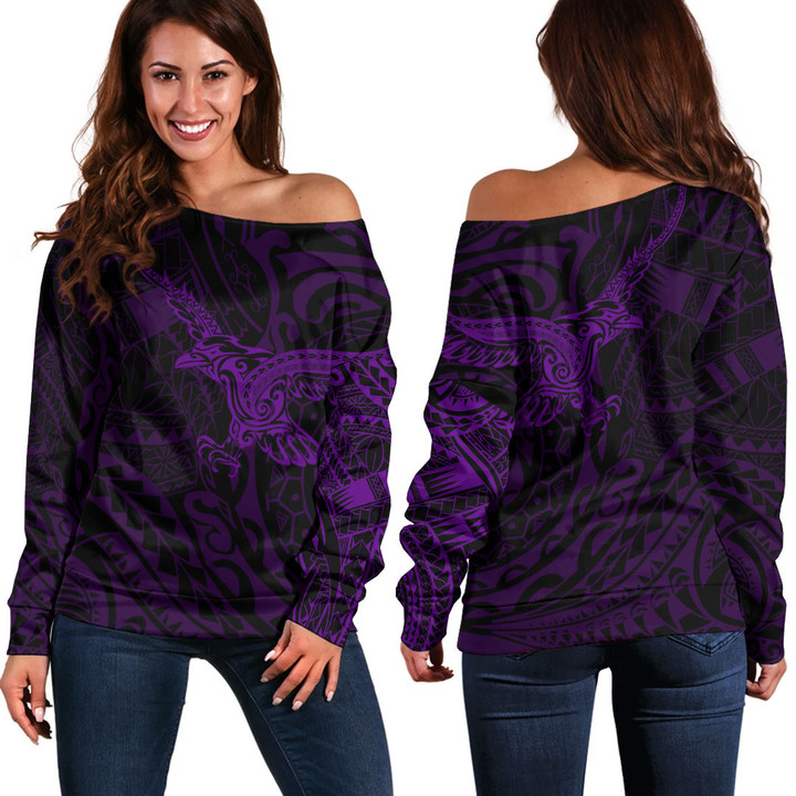 RugbyLife Clothing - Polynesian Tattoo Style Crow - Purple Version Off Shoulder Sweater A7 | RugbyLife