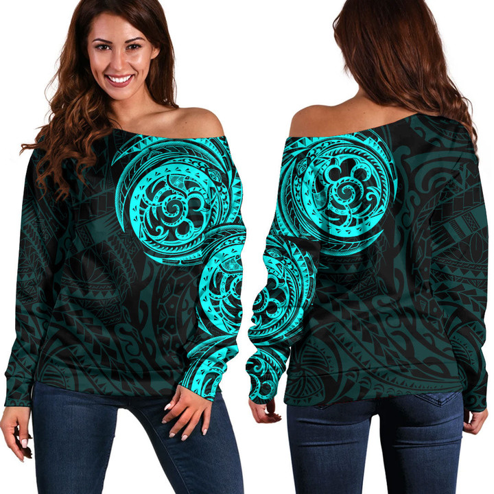 RugbyLife Clothing - Special Polynesian Tattoo Style - Cyan Version Off Shoulder Sweater A7 | RugbyLife