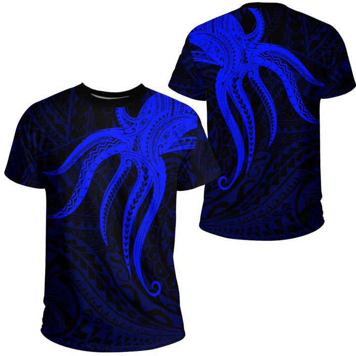 RugbyLife Clothing - Polynesian Tattoo Style Octopus Tattoo - Blue Version T-Shirt A7 | RugbyLife