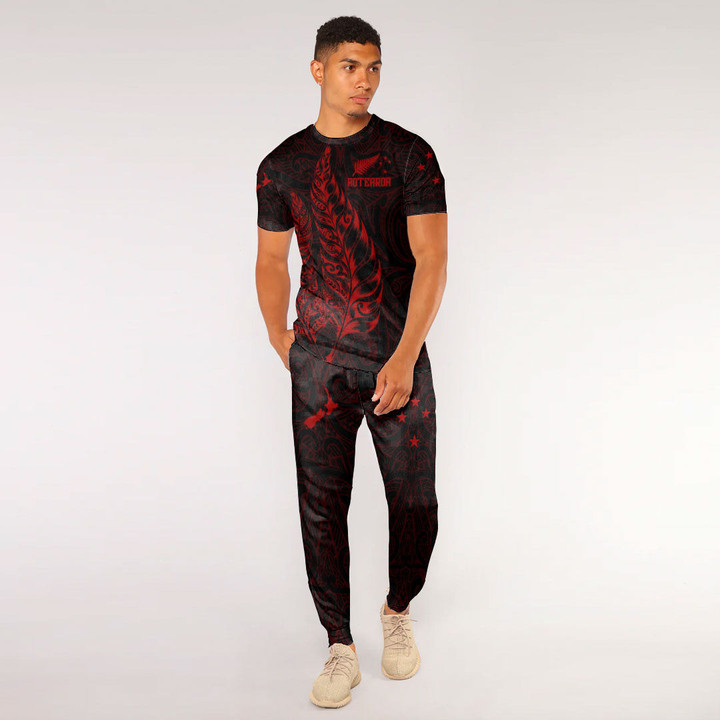 RugbyLife Clothing - New Zealand Aotearoa Maori Silver Fern New - Red Version T-Shirt and Jogger Pants A7 | RugbyLife