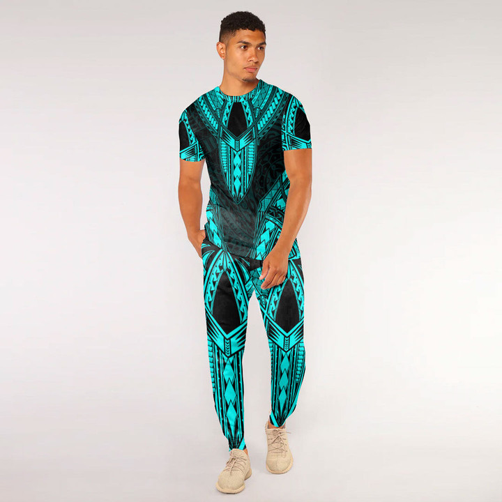 RugbyLife Clothing - Polynesian Tattoo Style - Cyan Version T-Shirt and Jogger Pants A7 | RugbyLife