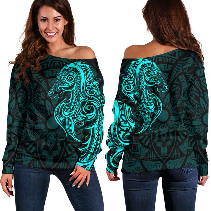 RugbyLife Clothing - Polynesian Tattoo Style Horse - Cyan Version Off Shoulder Sweater A7 | RugbyLife