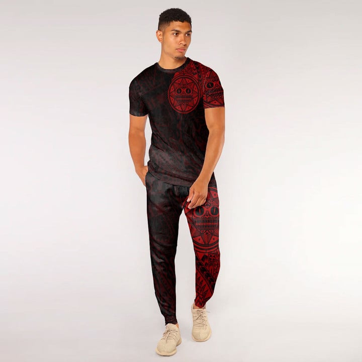 RugbyLife Clothing - Polynesian Tattoo Style Sun - Red Version T-Shirt and Jogger Pants A7 | RugbyLife
