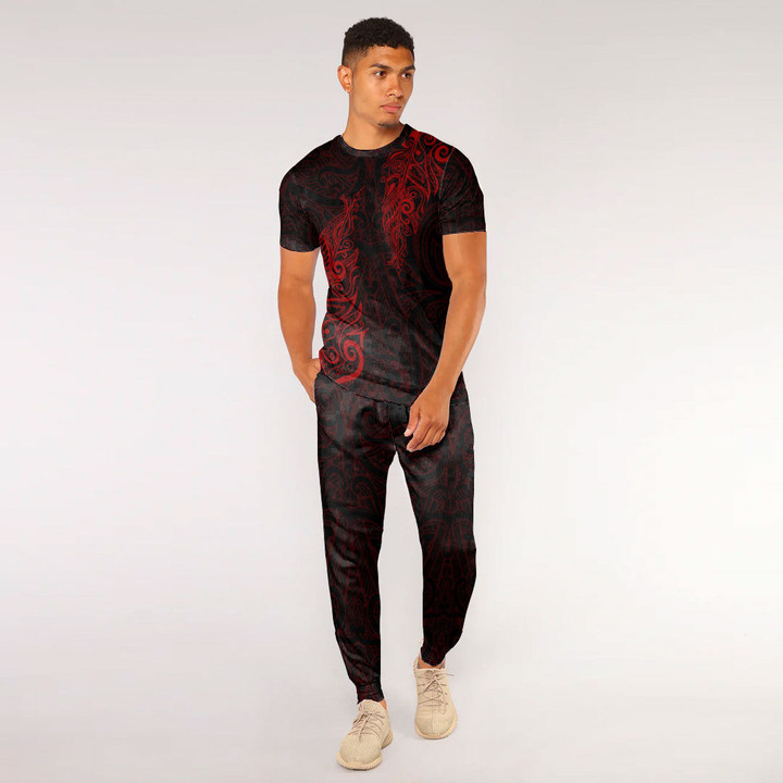 RugbyLife Clothing - Polynesian Tattoo Style Maori Silver Fern - Red Version T-Shirt and Jogger Pants A7 | RugbyLife