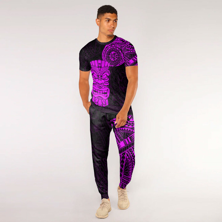 RugbyLife Clothing - Polynesian Tattoo Style Tiki - Pink Version T-Shirt and Jogger Pants A7 | RugbyLife